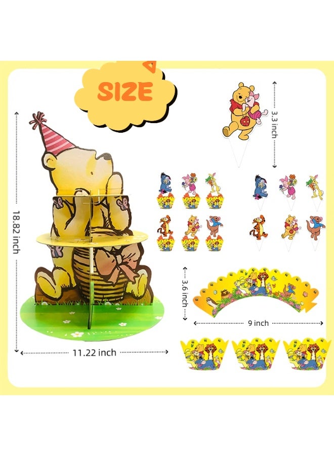 ILovhaprty 25pcs Winnie the Pooh Cake Decoration Set – 3-Tier Pooh Bear Cake Stand with Cupcake Wrappers and Cake Toppers, Pooh Bear Birthday Party Supplies for Winnie Dessert Table Decorations - Image 3